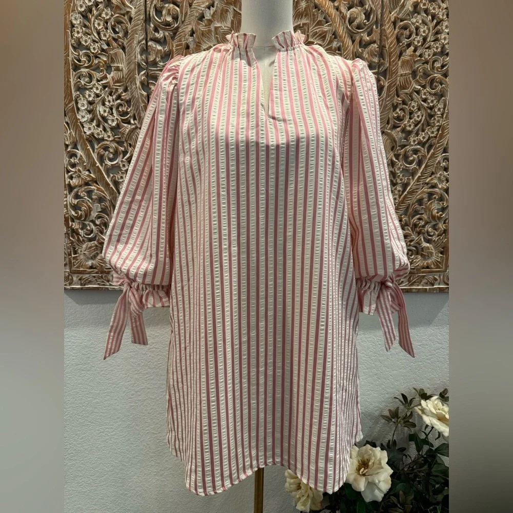 Entro White & Pink Stripe SearSucker Mini Dress, Exaggerated Balloon Sleeves - Picture 2 of 16